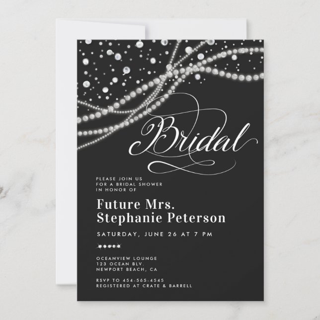 Invitation Diamonds Pearls Future Mme Black Fête des mariées (Devant)