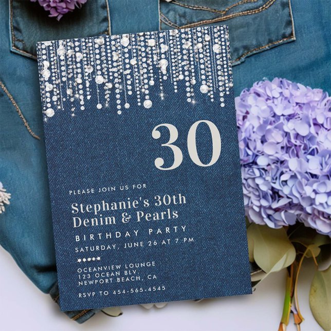 Invitation Diamonds Pearls Jean Denim Classy 30e anniversaire (diamonds and pearls 30th birthday invitation for women jean denim elegant classy bling party western)