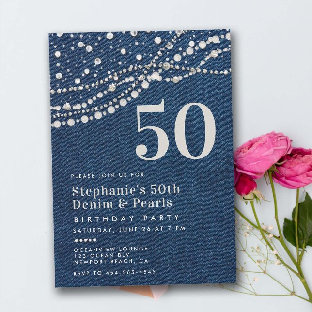 Invitation Diamonds Pearls Jeans classe élégante 50e annivers (diamonds pearls 50th birthday invitation for her women elegant classy bling jean rustic western chic)
