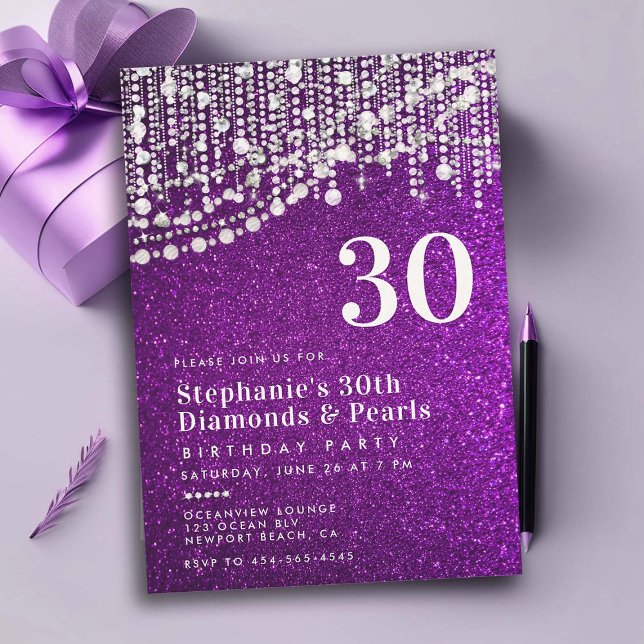 Invitation Diamonds Pearls Purple Parties scintillant Chic 30 (glam diamonds and pearls 30th birthday invitations for women purple glitter elegant classy bling)