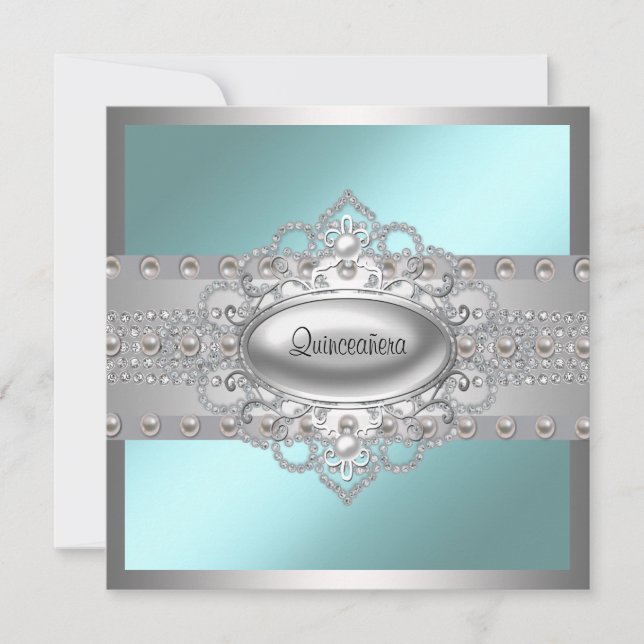 Invitation Diamonds Pearls Quinceanera bleu Turquoise Invitat (Devant)