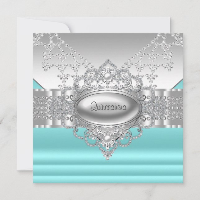 Invitation Diamonds Pearls Quinceanera bleu Turquoise Invitat (Devant)