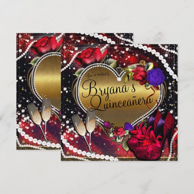 Invitation Diamonds Perles Coeur talons hauts Quinceañera (Devant / Derrière)