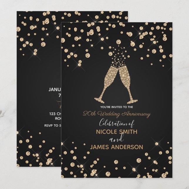 Invitation Diamonds Toast Champagne Moderne Chic Anniversaire (Devant / Derrière)