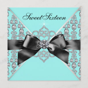 Invitation Diamonds Turquoise Blue Black Sweet 16 Anniversair