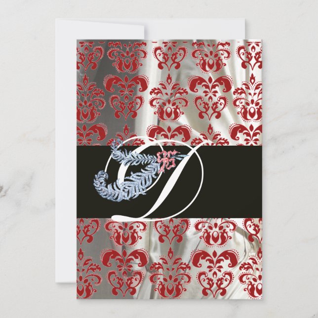 INVITATION DIAMONT FEATHER RED WHITE SILK DAMASK MONOGRAM (Devant)