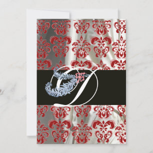 INVITATION DIAMONT FEATHER RED WHITE SILK DAMASK MONOGRAM
