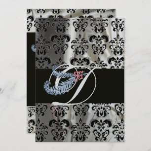 INVITATION DIAMONT FEATHER SILVER NOIR SILK DAMASK MONOGRAM