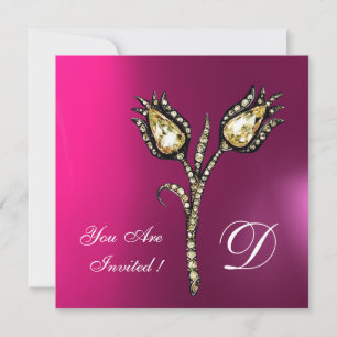 Invitation DIAMONT TULIPS MONOGRAM, rose Fuchsia violet