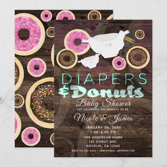 Invitation Diapeurs et beignes Baby shower rustique de la fêt (Devant / Derrière)