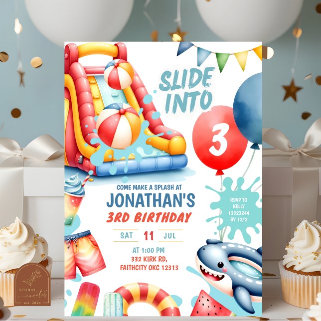 Invitation Diapositive en fête d'anniversaire de trois billar (Créateur téléchargé)