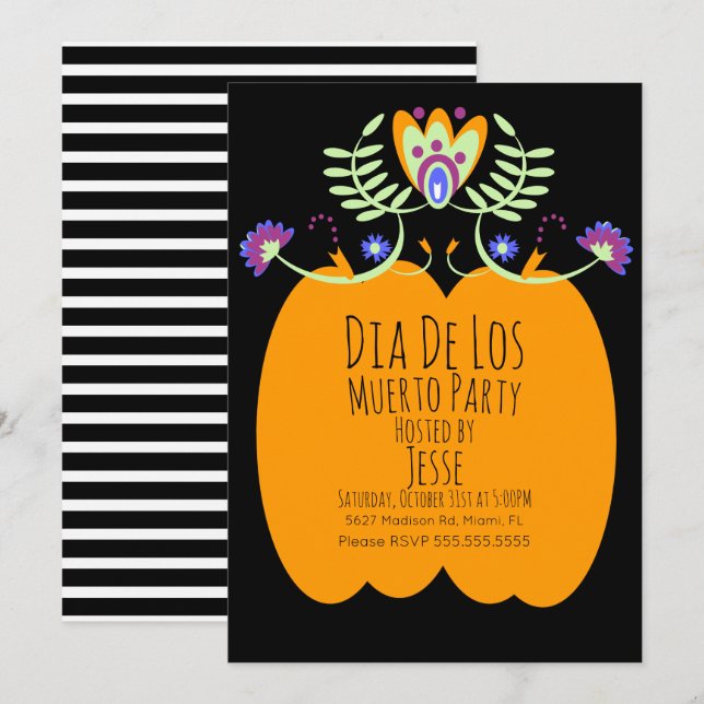 Invitation Dias De Los Muerto Citrouille Folk Flor (Devant / Derrière)