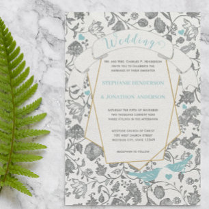 Invitation Die Cut Aqua Gris Floral Motif Inséparable Mariage