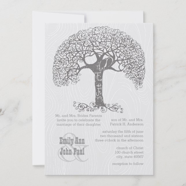 Invitation Die Cut Grey Romantic Tree Inséparable Woodgrain (Devant)