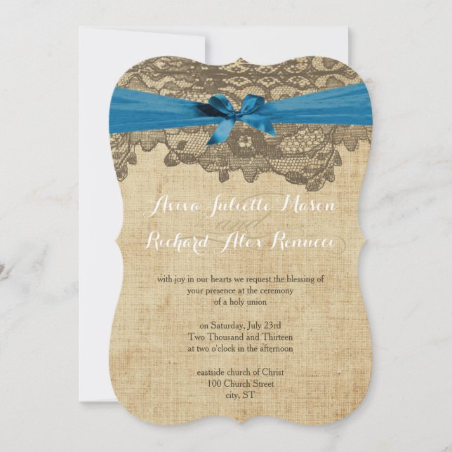 Invitation Die Cut Rustic Country Dentelle Bleu Mariage (Devant)