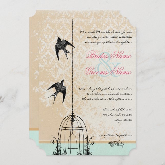 Invitation Die Cut Rustic Inséparable Birdcage Mariage (Devant / Derrière)