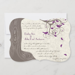 Invitation Die Cut Violet Oiseau Romantique Initiales dans le