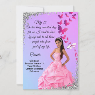 Invitation digital 15th birthday card, flower and butterfly 