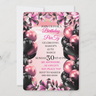 Invitation Digital Let's Party Pink Glitter Balloons Birthday