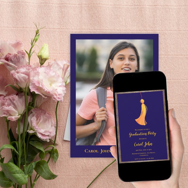Invitation Digital Navy Blue Gold Tassel Graduation Party (Digital Graduation Party Invitation | Navy Blue Gold Tassel Graduation Invite)