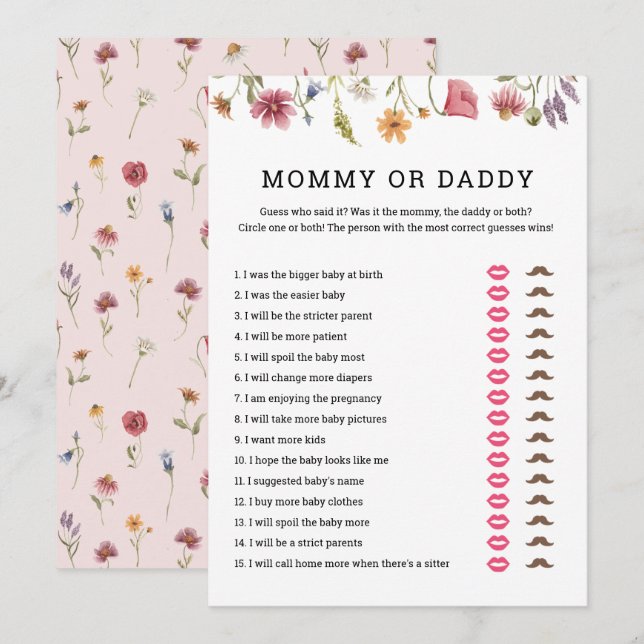 Invitation Digital Wildflower Baby shower maman ou papa jeu (Devant / Derrière)
