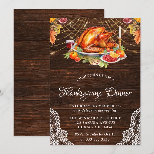 Invitation Dinde rôtie de Thanksgiving en bois rustique d'aut (Devant / Derrière)