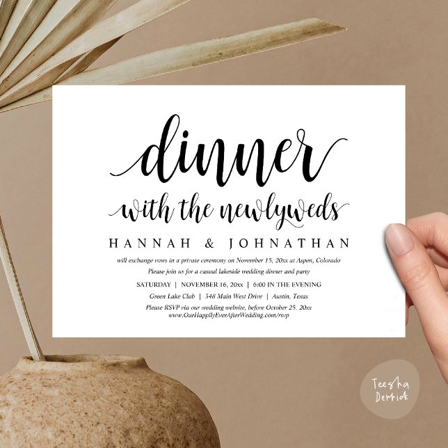Invitation Dîner avec les jeunes mariés, Mariage Elopement (Dinner with the newlyweds, Wedding Elopement Invitation Card PDF Modern Rustic Party Black White)