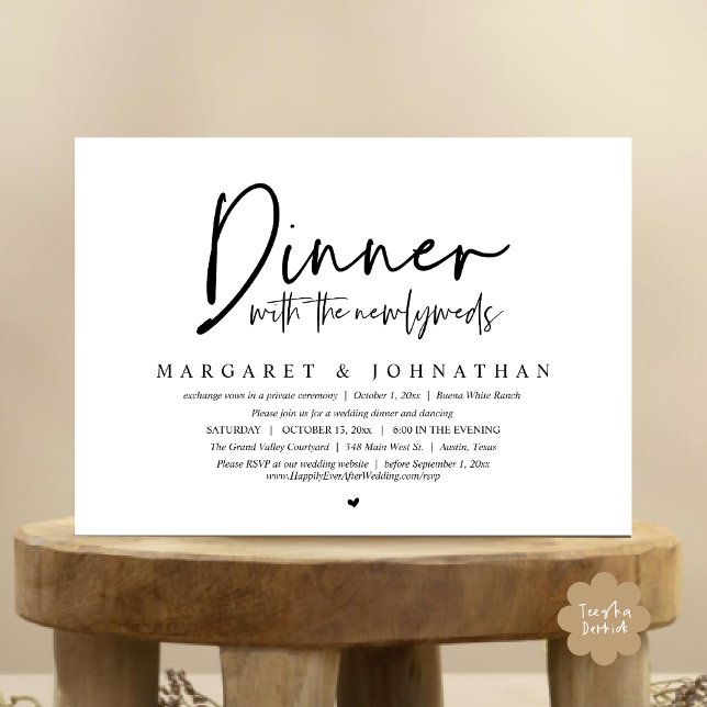 Invitation Dîner avec les nouveaux mariés, Mariage Elopement  (Dinner with the Newlyweds, Modern Wedding Elopement Party Invitation Card PDF Black White)