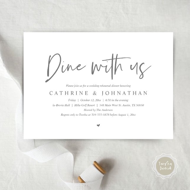 Invitation Dîner avec nous, Dîner de répétition Mariage (Dine with us, Modern Wedding Rehearsal Dinner Party Invitation Card, PDF, in Dark Grey)