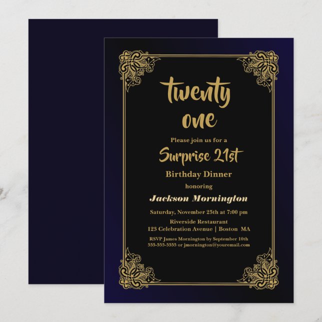 Invitation Dîner Black and Gold Surprise 21e anniversaire (Devant / Derrière)