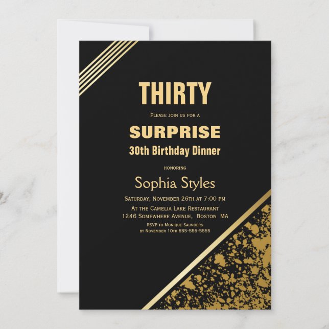 Invitation Dîner Black and Gold Surprise 30th Birthday (Devant)