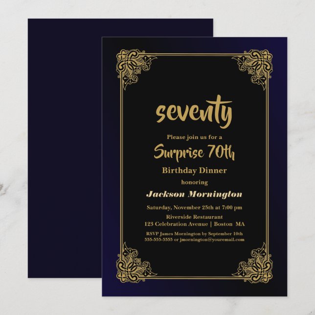 Invitation Dîner Black and Gold Surprise 70e anniversaire (Devant / Derrière)