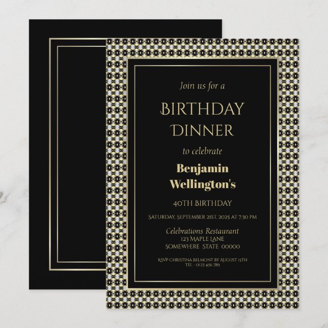 Invitation Dîner Black White and Gold 40th Birthday (Devant / Derrière)