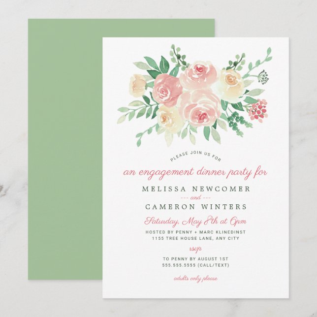 Invitation Dîner Blush Floral Greenery fiançailles 4196 (Devant / Derrière)