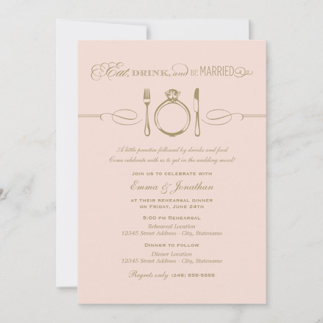 Invitation Diner boire et être marié Blush Rehearer Dîner (Devant)