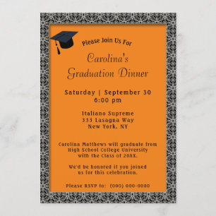 Invitation Dîner Casquette Orange Black Frame Graduation