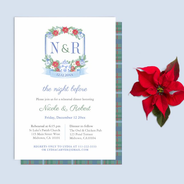 Invitation Dîner classique de répétition Mariage de Noël (Wedding welcome or rehearsal dinner invitation for a Christmas Holidays wedding.)
