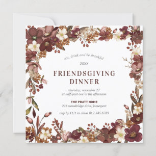 Invitation Dîner d'action d'amitié Burgundy Mauve Blanc Flora