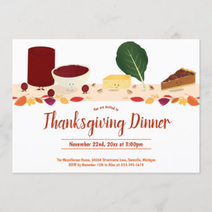 Invitation Dîner d'action de grâce Aliments souriants Cartoon