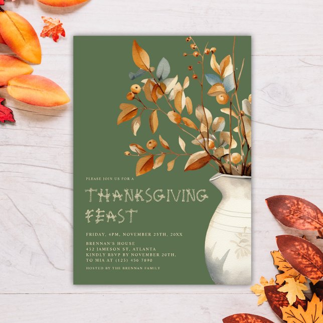 Invitation Dîner d'action de grâces Automne vert d'olive (Thanksgiving Dinner Fall Olive Green Friendsgiving Invitation)