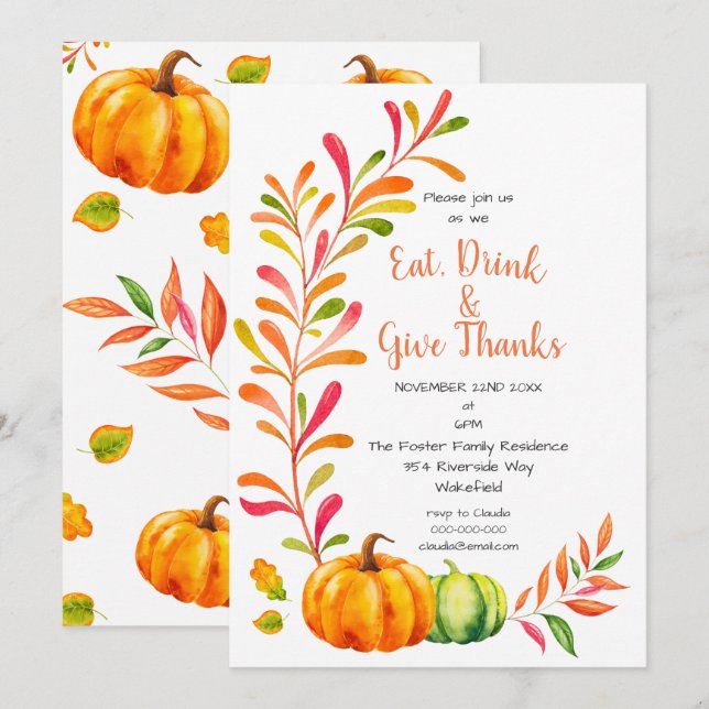 Invitation Dîner d'action de grâces aux couleurs Citrouilles (Devant / Derrière)