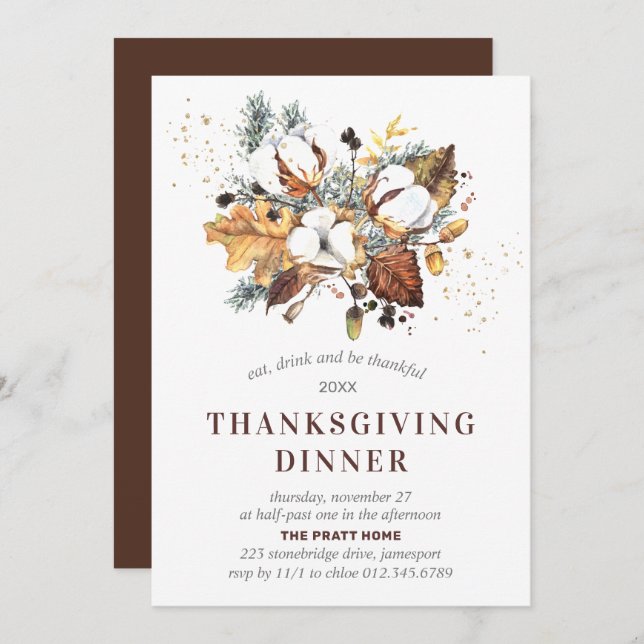 Invitation Dîner d'action de grâces d'automne blanc (Devant / Derrière)