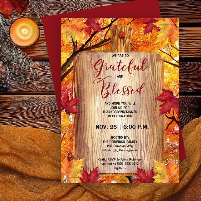 Invitation Dîner d'action de grâces - Rustique Woodsy Gratefu (Thanksgiving Dinner Rustic Woodsy Cutting Board with Fall Trees and Leaves Background - Print | Digi)