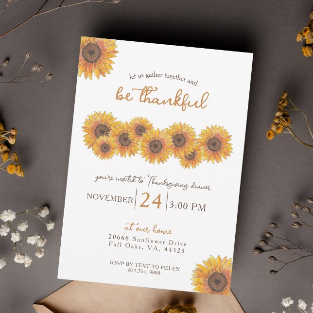 Invitation Dîner d'Action De Soleil Des Fleurs De Soleil (Cute Watercolor Sunflowers Thanksgiving Dinner Invitation)