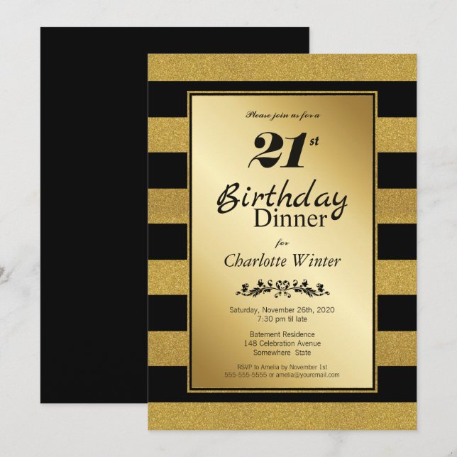 Invitation Dîner d'anniversaire Black & Gold Striped 21st (Devant / Derrière)