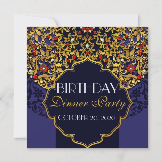 Invitation Dîner d'anniversaire Luxueux Bijou Bleu Rouge Or (Devant)