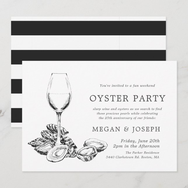 Invitation Dîner d'anniversaire Oyster Pearl | Rayures noires (Devant / Derrière)