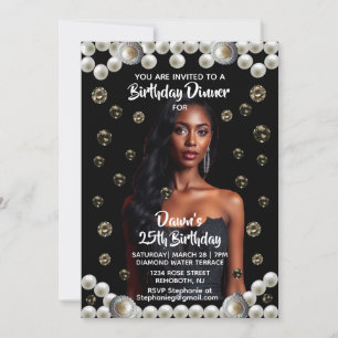 Invitation Dîner d'anniversaire Photo Black, Diamond et Pearl