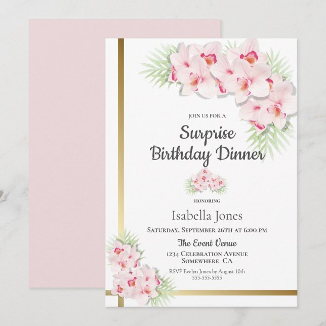 Invitation Dîner d'anniversaire rose et or Floral Surprise (Devant / Derrière)