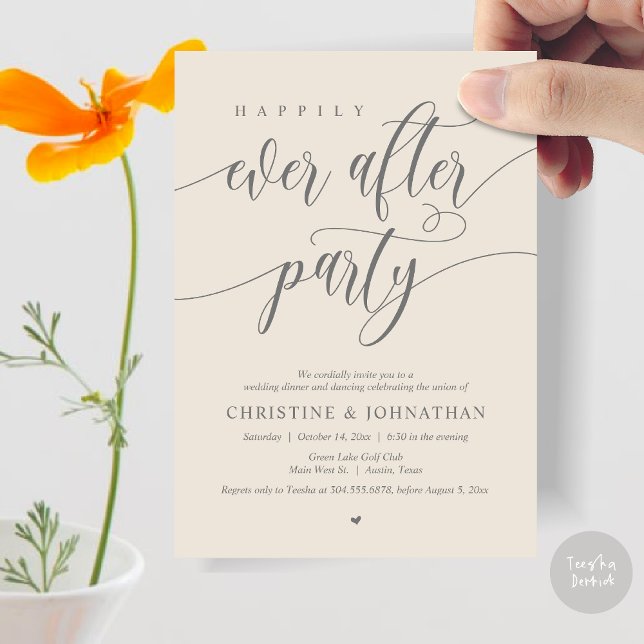 Invitation Dîner Dansant Soirée de Mariage (Happily Ever After Party Dinner Dancing Modern Invitation Card, PDF, in Dark Grey Cream)